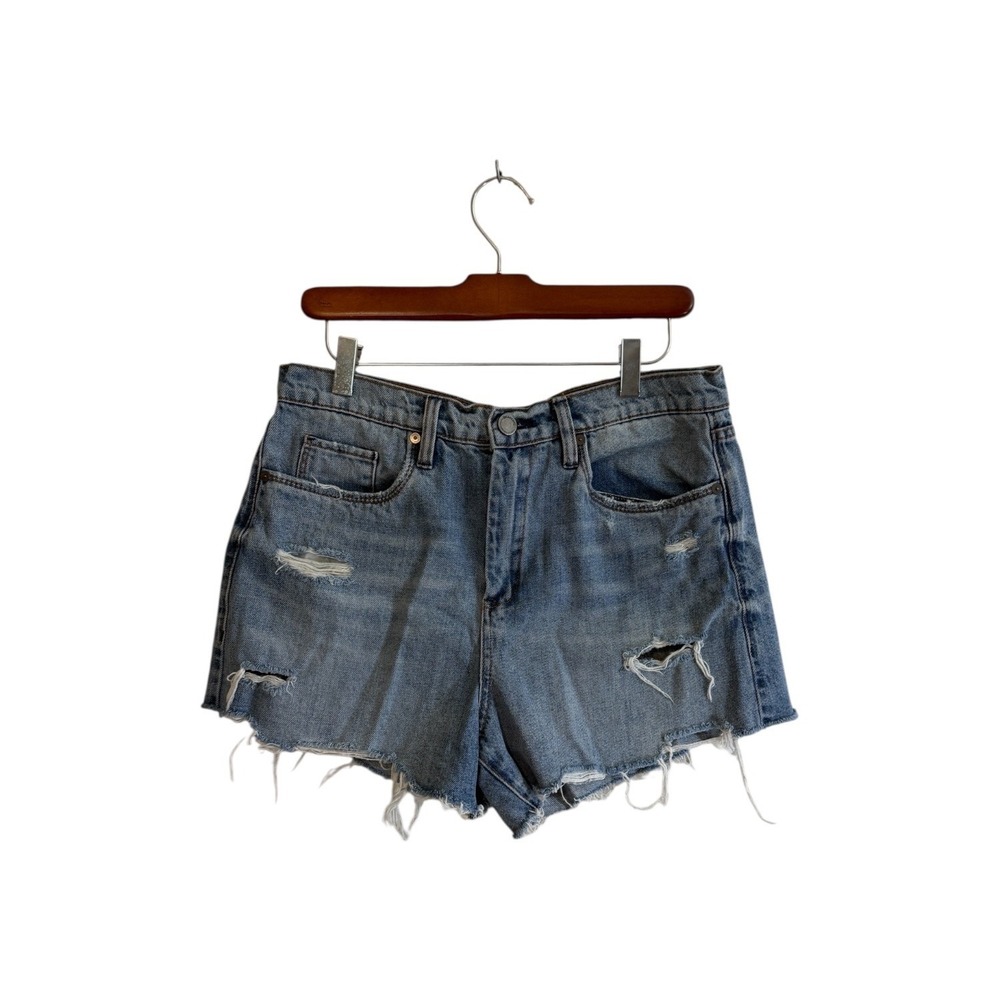BLANKNYC The Barrow Shorts Womens 30 Blue Distressed Denim High Rise Raw Hem